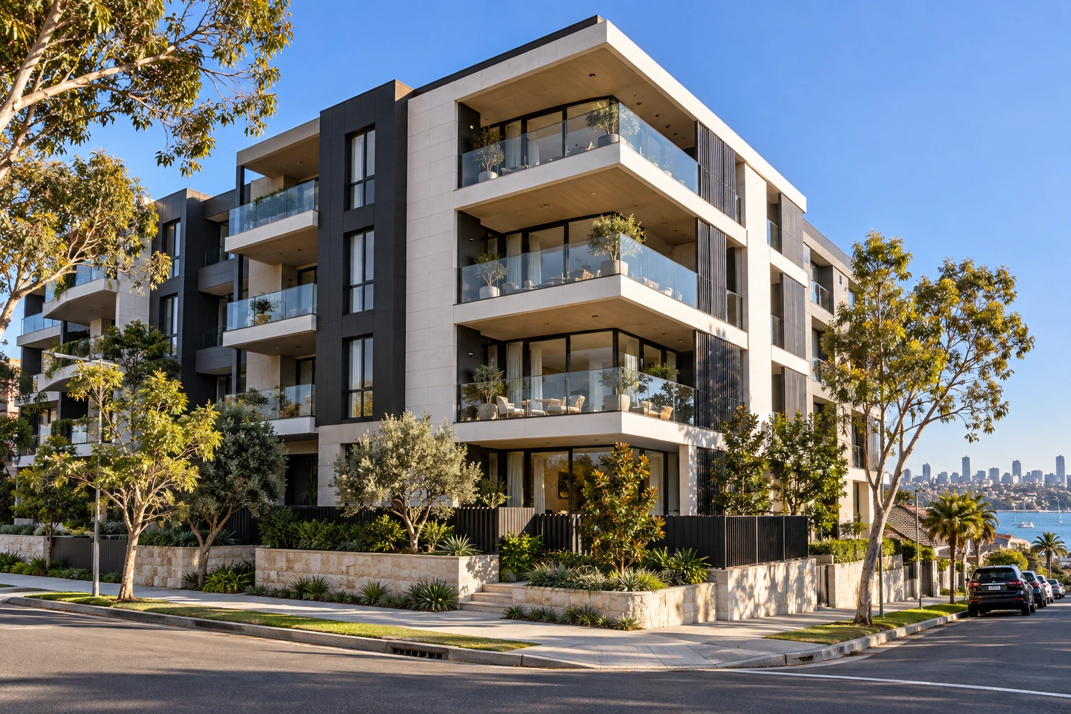 Contemporary apartment building with landscaped street frontage